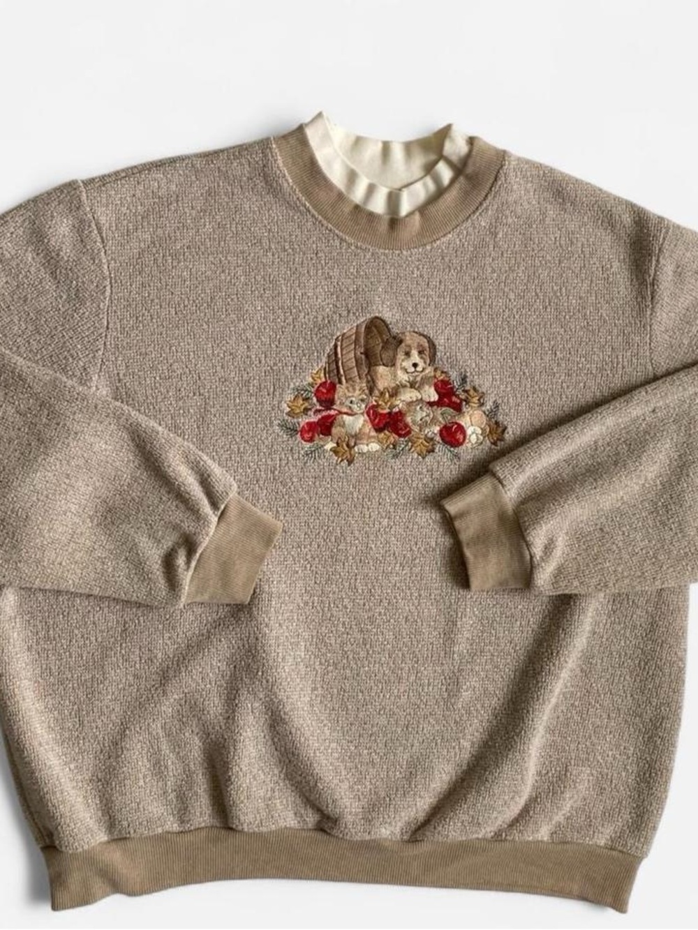 Vintage Beige Sweater with Puppy, Kittens & Red Apple Embroidery